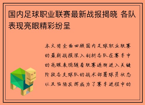 国内足球职业联赛最新战报揭晓 各队表现亮眼精彩纷呈 国内足球职业联赛最新战报揭晓 各队表现亮眼精彩纷呈