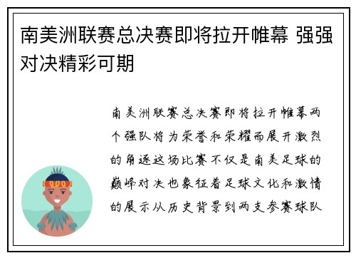 南美洲联赛总决赛即将拉开帷幕 强强对决精彩可期 南美洲联赛总决赛即将拉开帷幕 强强对决精彩可期