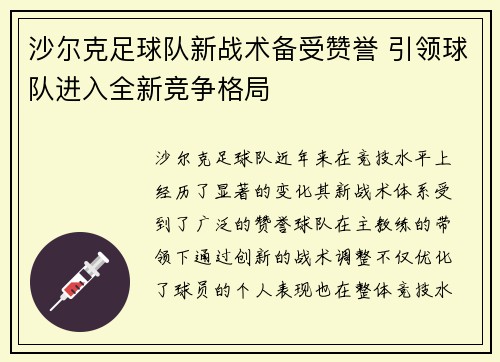 沙尔克足球队新战术备受赞誉 引领球队进入全新竞争格局 沙尔克足球队新战术备受赞誉 引领球队进入全新竞争格局