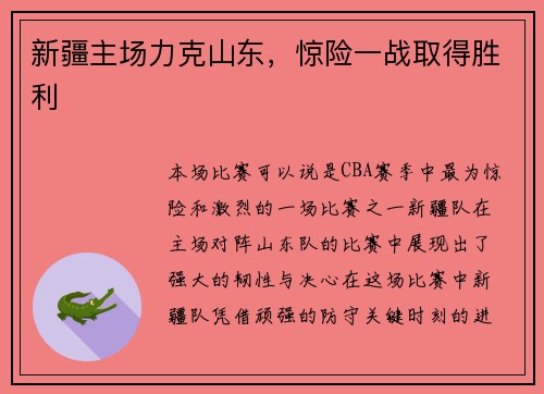 新疆主场力克山东,惊险一战取得胜利 新疆主场力克山东,惊险一战取得胜利