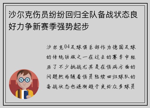 沙尔克伤员纷纷回归全队备战状态良好力争新赛季强势起步 沙尔克伤员纷纷回归全队备战状态良好力争新赛季强势起步